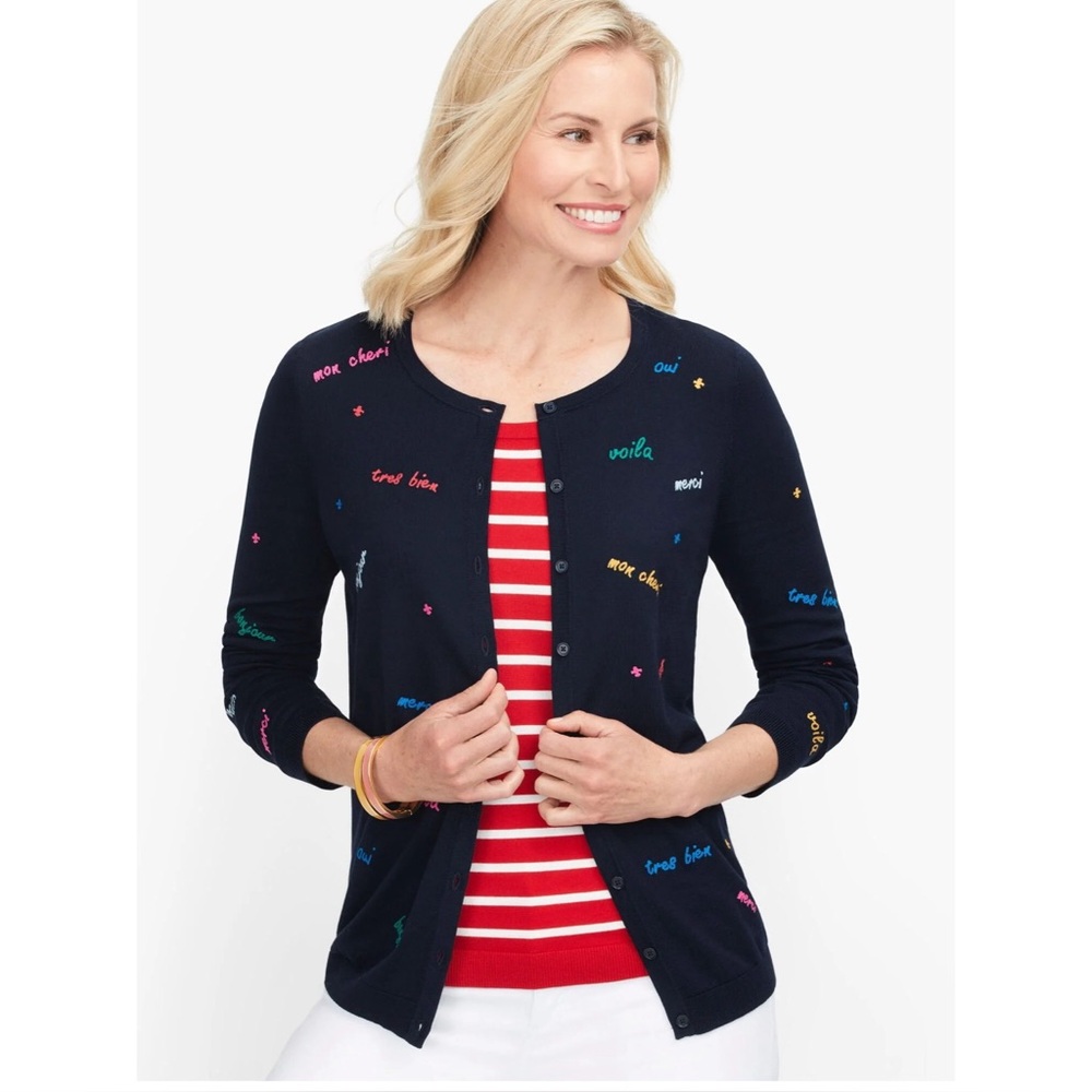 Talbots Charming Cardigan- Embroidered Navy/Yellow/Red Style # P203121431